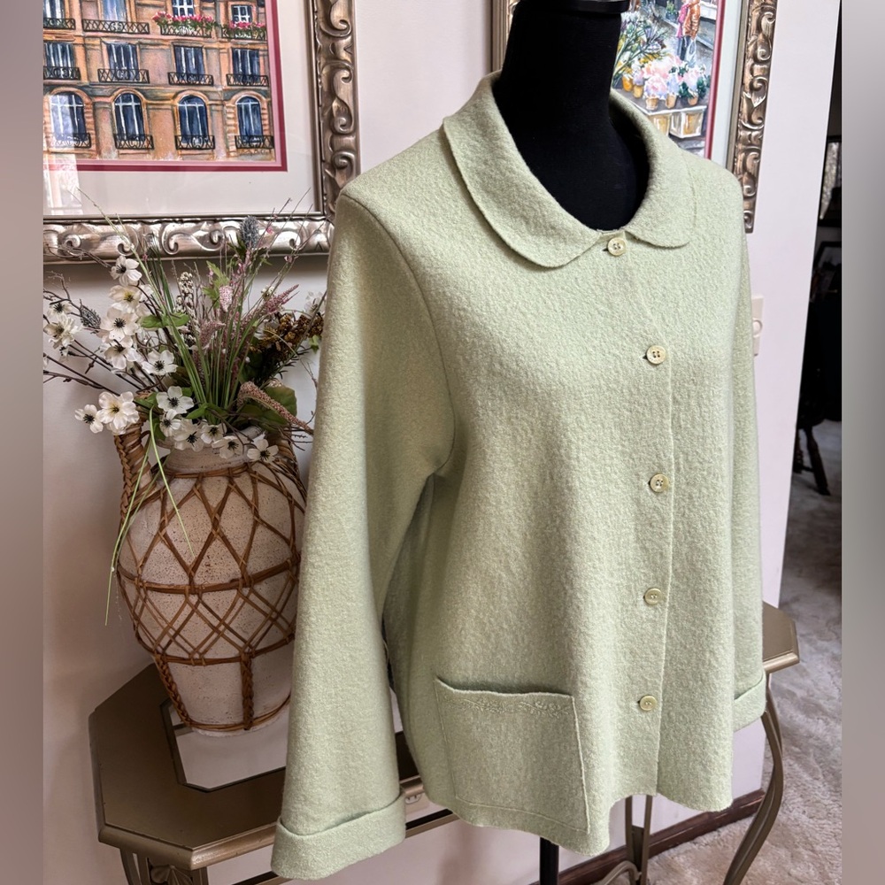 VINTAGE LAURA ASHLEY SOFT GREEN MERINO WOOL BUTTON DOWN CARDIGAN SWEATER SZ XL - Picture 2 of 6